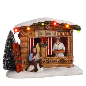 LuVille Kerstdorp Miniatuur Braadworst Marktkraam – L14 x B11 x H10 cm LuVille Kerstdorp Miniatuur Braadworst Marktkraam – L14 x B11 x H10 cm