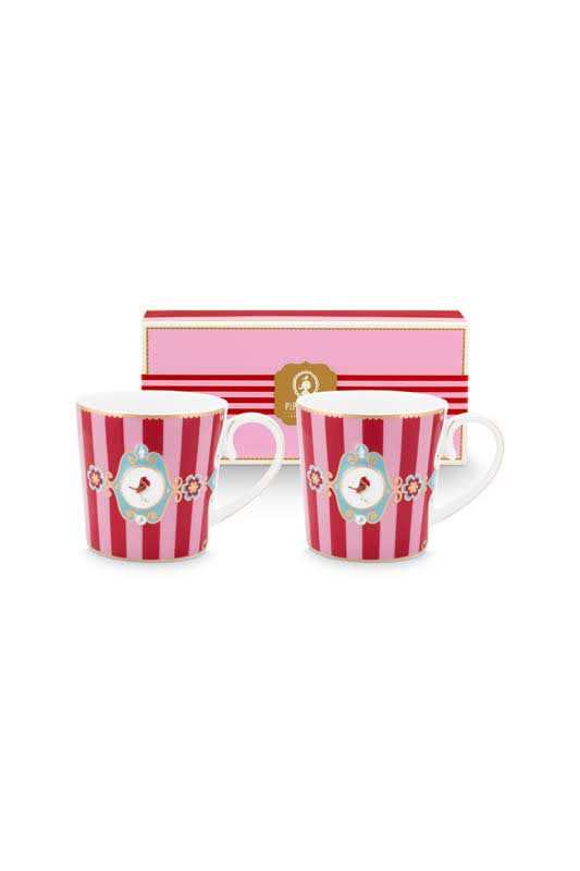 Pip Studio Mokken - Love Birds Medallion - Rood Gestreept - 190ml - Se