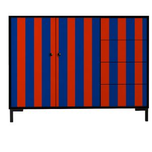Laag dressoir van MDF met verticaal streeppatroon in rood- en blauwtin