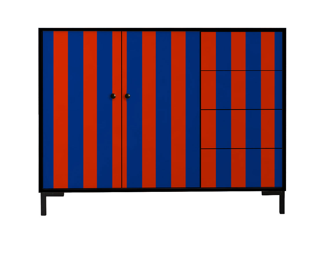 Laag dressoir van MDF met verticaal streeppatroon in rood- en blauwtin