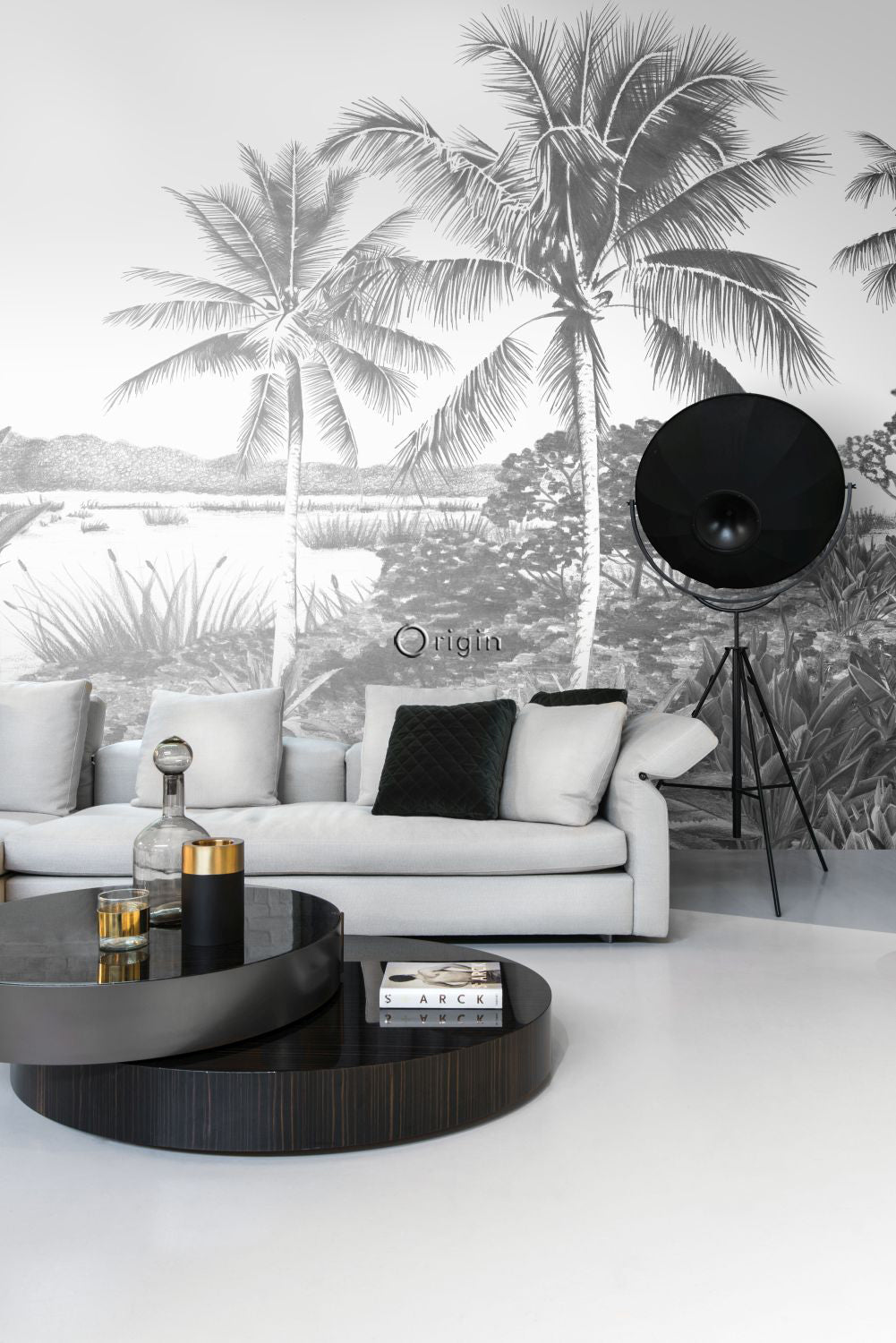 Origin Wallcoverings fotobehang landschap met palmen zwart wit - 418.5