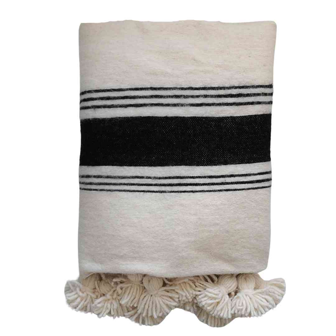 NOA MAY Plaid Pom Pom - wit/zwart - wol - 240 x 280 cm - striped desig