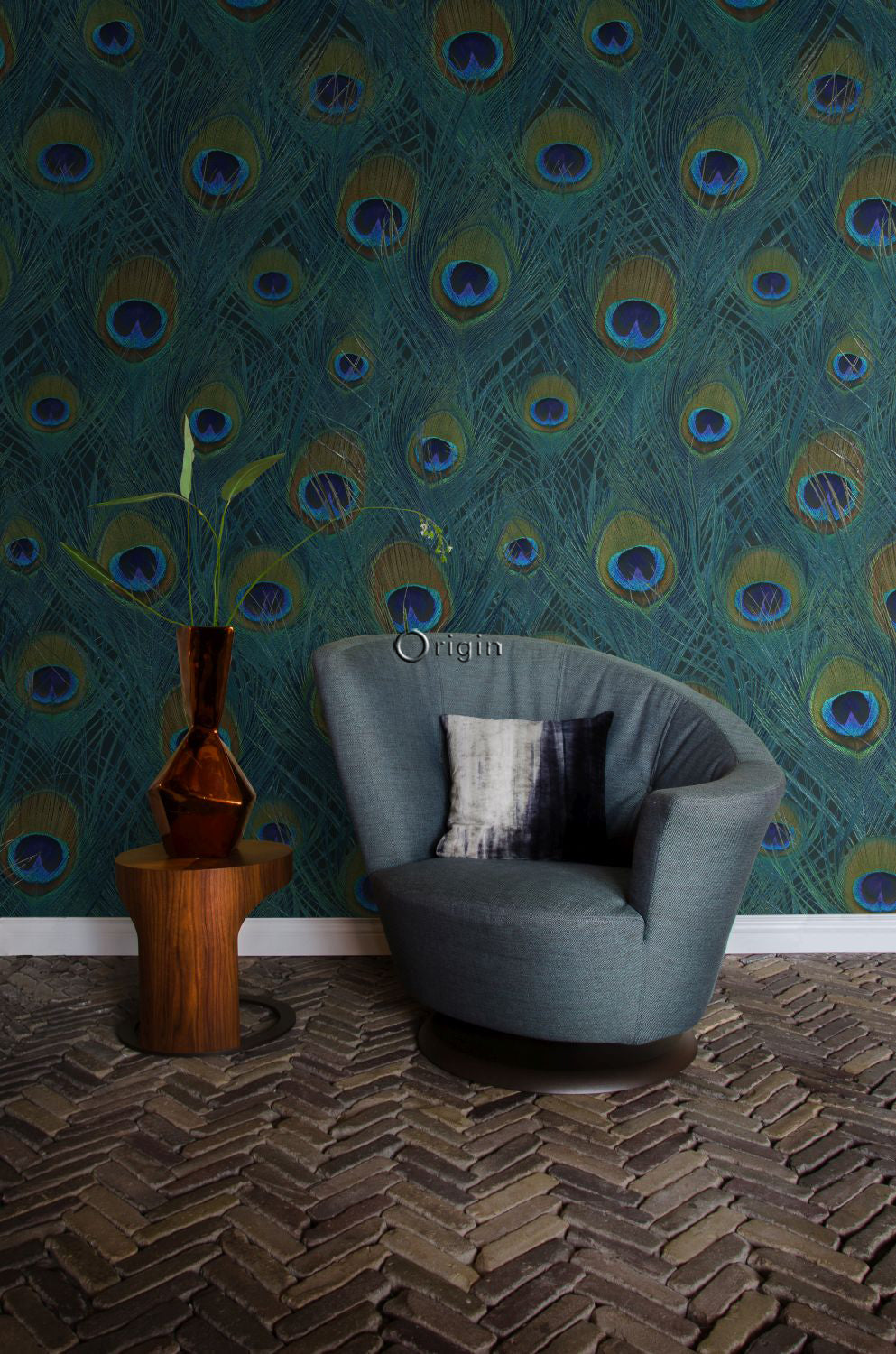 Origin Wallcoverings fotobehang pauwenveren zeegroen - 150 x 279 cm -