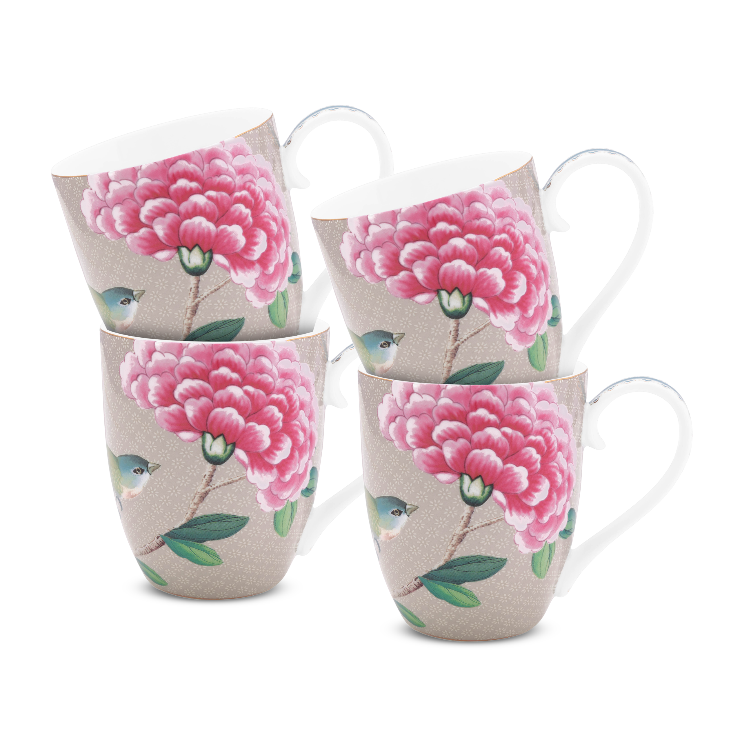 Pip Studio Blushing Birds Mokken - Servies - Set van 4 Kopjes - Khaki