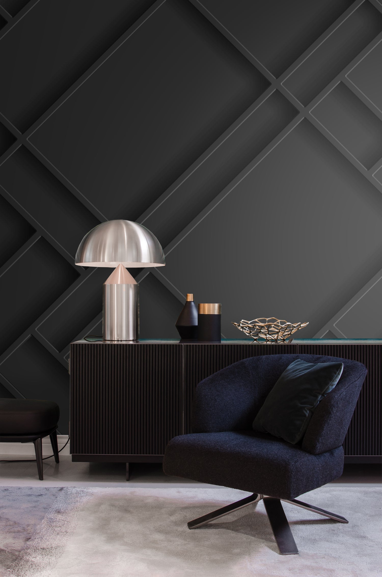 Origin Wallcoverings fotobehang wandpanelen diagonaal zwart - 200 x 27