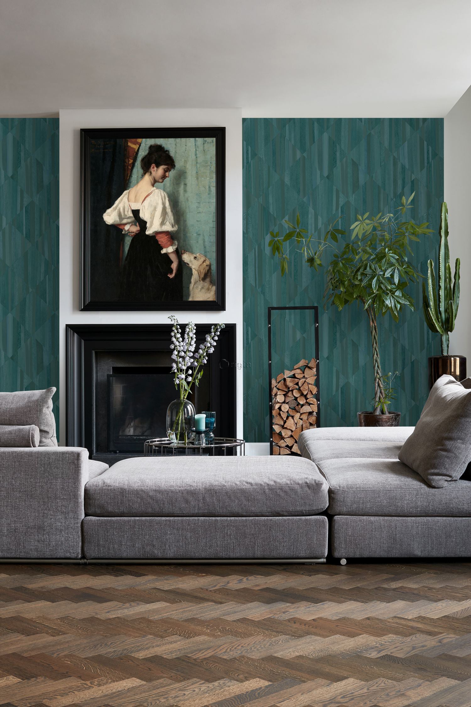 Origin Wallcoverings fotobehang 3D-houtmotief petrolblauw - 150 x 279