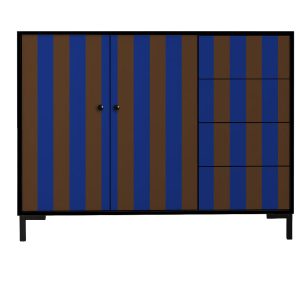 Laag dressoir van MDF met verticaal streeppatroon in blauw- en bruinti