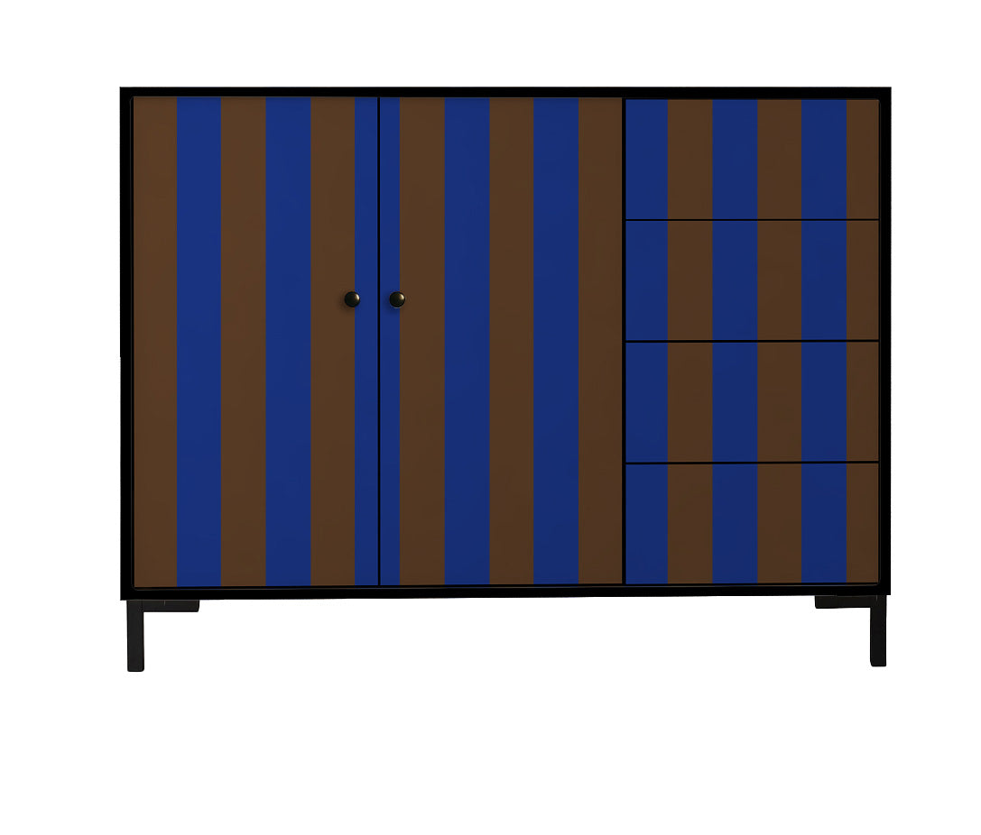 Laag dressoir van MDF met verticaal streeppatroon in blauw- en bruinti