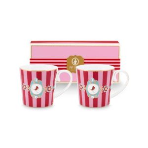 Pip Studio Mokken – Love Birds Medallion – Rood Gestreept- 300ml – Set