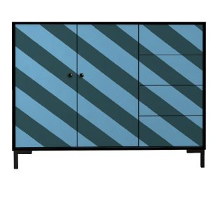 Laag dressoir van MDF met geometrisch streeppatroon in blauwtinten
