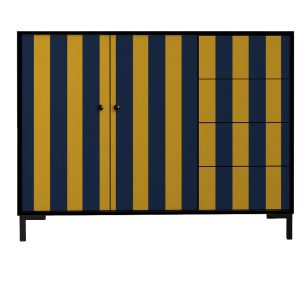 Laag dressoir van MDF met verticaal streeppatroon in geel- en blauwtin