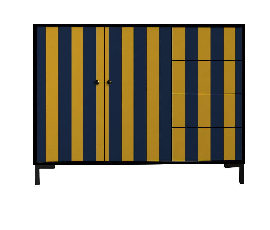 Laag dressoir van MDF met verticaal streeppatroon in geel- en blauwtin