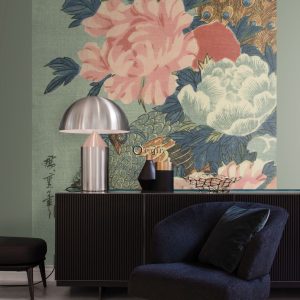 Origin Wallcoverings fotobehang pauw en pioenrozen oudroze, groen en b Origin Wallcoverings fotobehang pauw en pioenrozen oudroze, groen en b